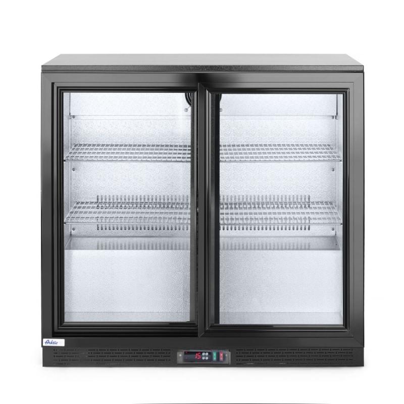 Back bar refrigerator with double sliding doors
