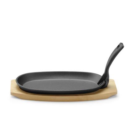 Plat en fonte avec dessous en bois et poignée avec pince - 1