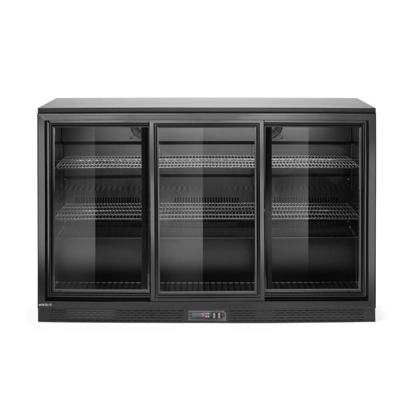 Back bar refrigerator with triple sliding doors