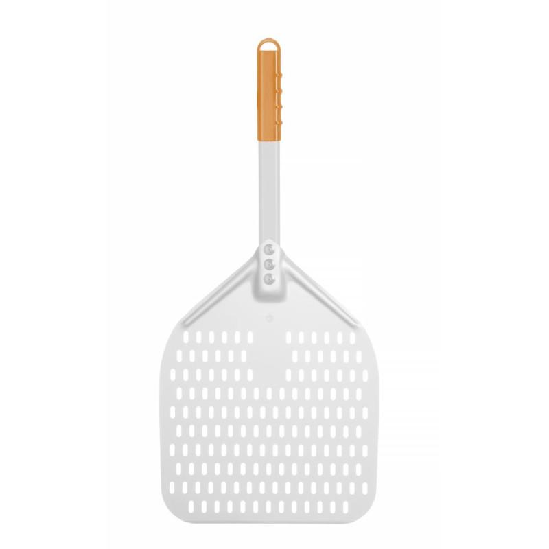 Pizza peel with short handle, squared, perforated