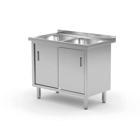Table avec 2 éviers, placard – soudée, avec portes coulissantes